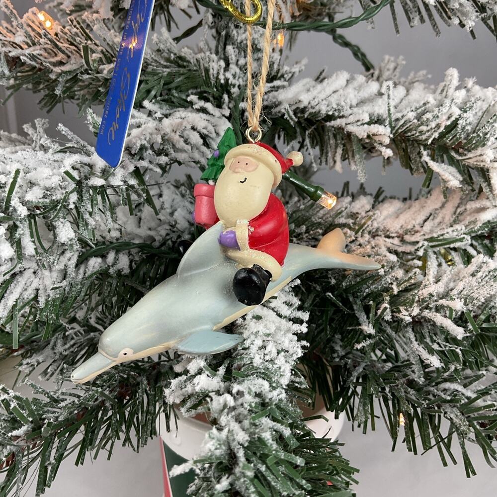 Christmas Ornament- Santa Riding On A Dolphin Holding Christmas Tree-Cape Shore
